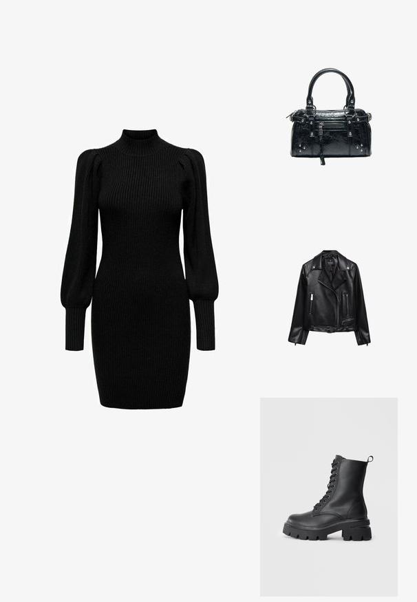 Veste de moto en cuir noir avec une taille ceinturée, des accessoires en argent, des poches zippées et un col cranté. Texture lisse et design ajusté.; Robe en tricot noire avec un col montant, de longues manches bouffantes et une texture côtelée. Forme ajustée, atteignant le milieu de la cuisse. Aucun motif ni accent visible.; Bottines en cuir noir à lacets avec une semelle épaisse, un bout rond et un dessus texturé. Comprend des œillets en métal et une petite languette à l'arrière.; Sac à main en cuir noir avec deux poignées, poche avant zippée, clous argentés et surface texturée isolée sur fond blanc.