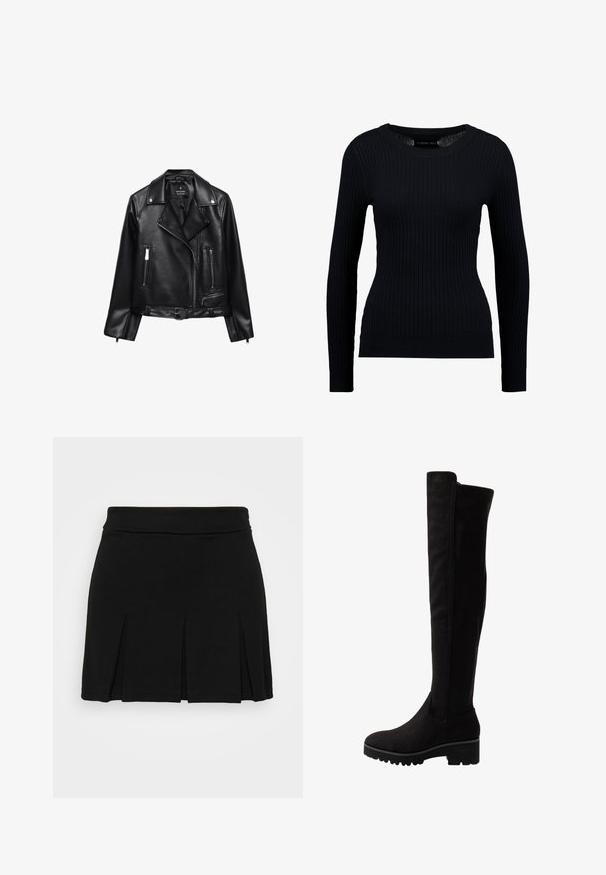 Schwarze Leder-Motorradjacke mit einem belüfteten Taillenbund, silbernen Beschlägen, Reißverschlusstaschen und einem eingekerbten Kragen. Glatte Textur und taillierte Passform.; Schwarzer, gerippter Langarmpullover mit rundem Halsausschnitt und taillierter Silhouette. Die Textur ist glatt mit einem dezenten Stretch.; Even&Odd by Zalando Minirock - black; Schwarze Overknee-Stiefel aus weichem Wildleder mit flacher Sohle, abgerundetem Zehenbereich und elastischen Seiteneinsätzen für ein einfaches An- und Ausziehen.