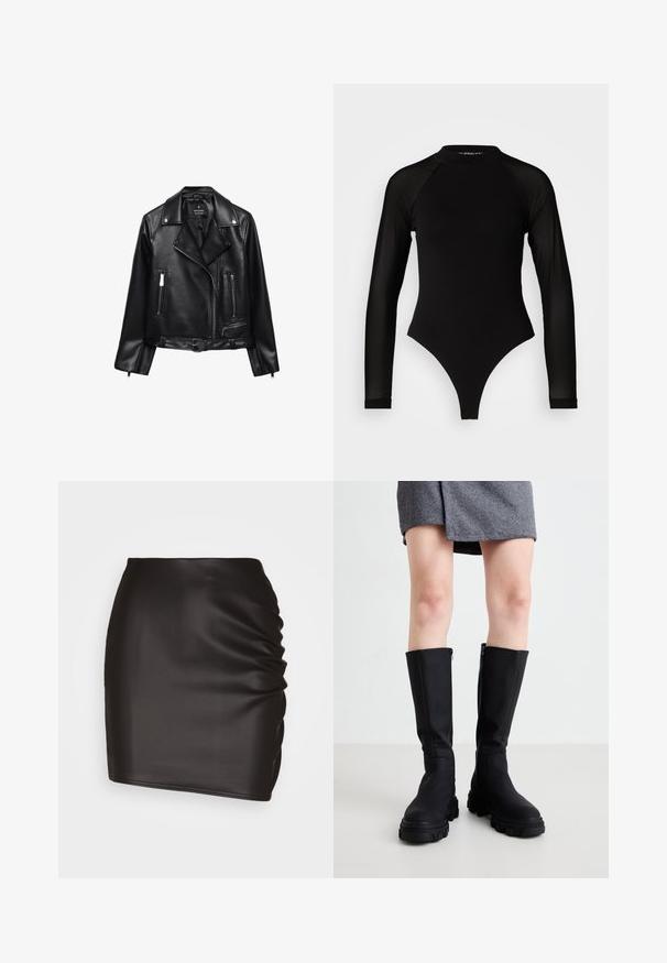Sort lædermotorcykeljakke med bæltestrop i taljen, sølvhardware, lynlåslommer og klapkrave. Glat tekstur og tætsiddende design.; Sort langermet bodysuit med høj hals, fremstillet af solidt stof på torsoen og gennemsigtigt mesh på ærmerne, designet i en tætsiddende form.; Sort mini skirt lavet af glat syntetisk materiale, med rynket detaljer på den ene side og en tætsiddende silhuet.; Sorte knæhøje støvler med en glat overflade, kraftige såler og en diskret lynlås på siden. Stilfuldt parret med en grå herringbone nederdel.