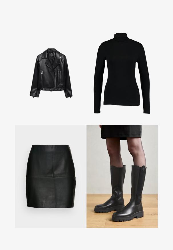 Veste de moto en cuir noir avec une taille ceinturée, des accessoires en argent, des poches zippées et un col cranté. Texture lisse et design ajusté.; T-shirt noir à manches longues et col roulé en tissu lisse, avec une coupe ajustée et un col haut, idéal pour les superpositions ou à porter seul.; Jupe mini en cuir noir avec une texture lisse, une silhouette ajustée et un détail de couture au niveau de la taille. Pas de fermetures visibles.; Bottes noires jusqu'au genou avec un extérieur en cuir lisse, des panneaux latéraux en élasthanne et une semelle en caoutchouc épaisse avec un motif de semelle texturé.