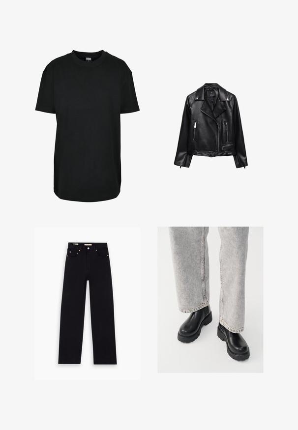Schwarze Leder-Motorradjacke mit einem belüfteten Taillenbund, silbernen Beschlägen, Reißverschlusstaschen und einem eingekerbten Kragen. Glatte Textur und taillierte Passform.; Schwarzes T-Shirt mit kurzen Ärmeln und Rundhalsausschnitt in Größe XS mit dem Etikett "Urban Classics" innen am Kragen.; Schwarze Denim-Jeans mit geradem Schnitt, fünf Taschen, Kupferbeschlägen und einer glatten Textur. Zwei Etiketten sind am Bund sichtbar.; Vagabond COSMO - Plateaustiefelette - black