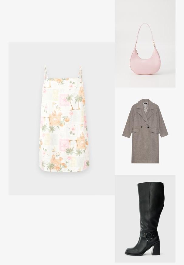 Grauer, wollgemischter, doppelt brustverschlossener Mantel mit Reverskragen, zwei frontalen Taschen und großen schwarzen Knöpfen. Mittellang mit strukturiertem Finish.; Weißes Kleid mit tropischem Druck, das Palmen, Blumen, Muscheln und Seesterne in sanften Farben zeigt. Verstellbare Spaghettiträger.; Knöchelhöhe schwarze Lederstiefel mit quadratischer Spitze, breitem Absatz und einem dekorativen Riemen mit metallischen Akzenten um den Knöchel. Glatte Textur.; Call it Spring CELESTY - Handtasche - other pink
