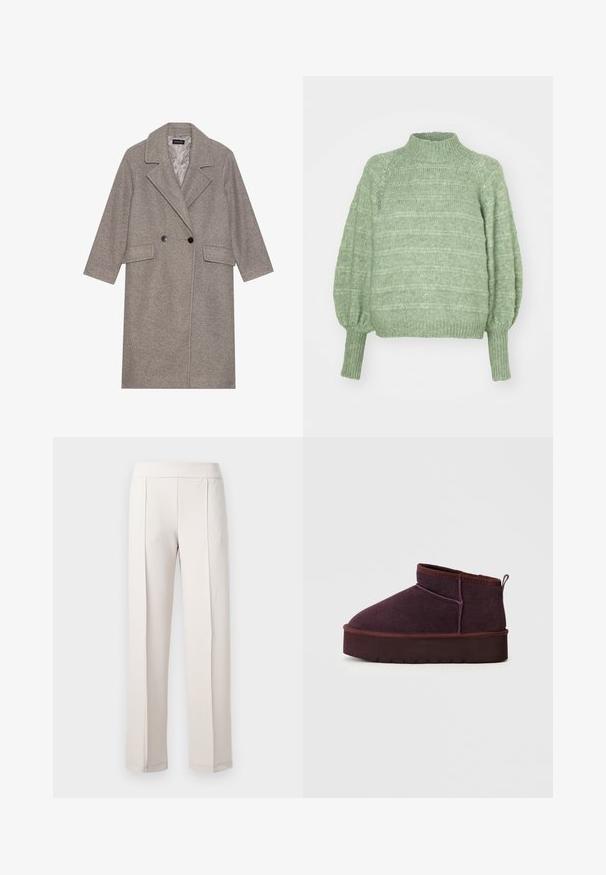 Manteau gris en mélange de laine, à double boutonnage avec un col en A, deux poches avant et de grands boutons noirs. Mi-long et à finition texturée.; Pull en maille verte avec un col montant, de longues manches bouffantes et des poignets côtelés. Présente un motif texturé à rayures horizontales.; Pantalon large beige clair en tissu lisse, doté d'une taille haute, de deux plis avant et d'une finition propre et ajustée.; Botte de cheville en suède violet avec un bout arrondi, des détails cousus et une semelle en caoutchouc épaisse ; dotée d'une languette à l'arrière pour un enfilage facile.
