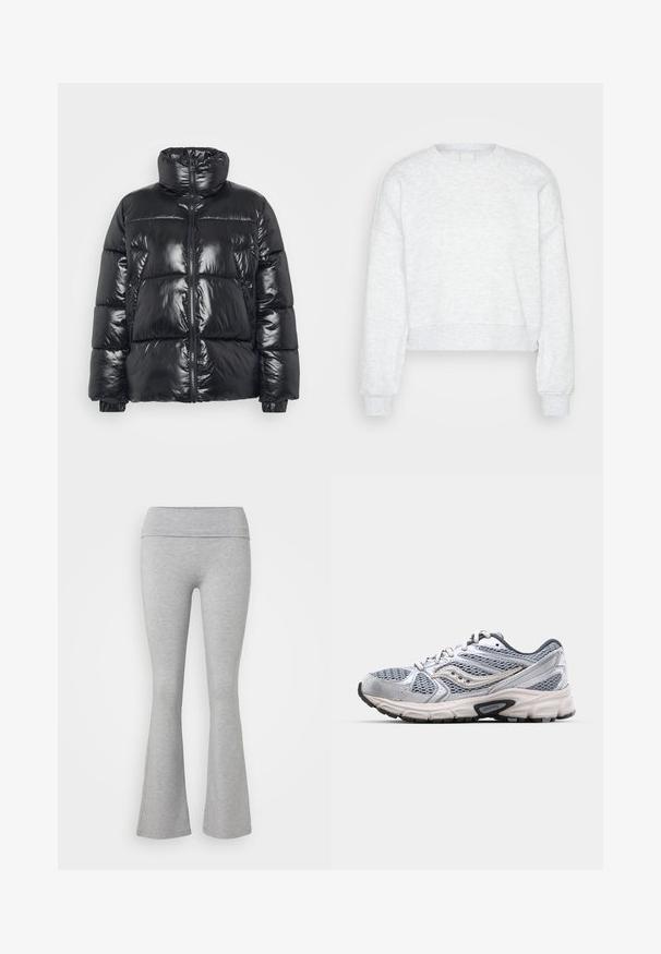 Doudoune noire avec une finition brillante, col montant, fermeture éclair à l'avant et poignets élastiques. Dotée d'un design matelassé et de deux poches avant.; Sweatshirt court à manches longues de couleur gris clair, avec des poignets côtelés et un col rond haut, présenté sur un fond uni léger.; Leggings gris évasés avec une large ceinture confortable, fabriqués à partir d'un matériau doux et extensible, avec une texture lisse et sans motifs visibles.; Bottine de course argentée avec tige en mesh, semelle rembourrée et accents gris. Dotée d'un bout arrondi et d'un design à lacets. Logo de la marque visible.