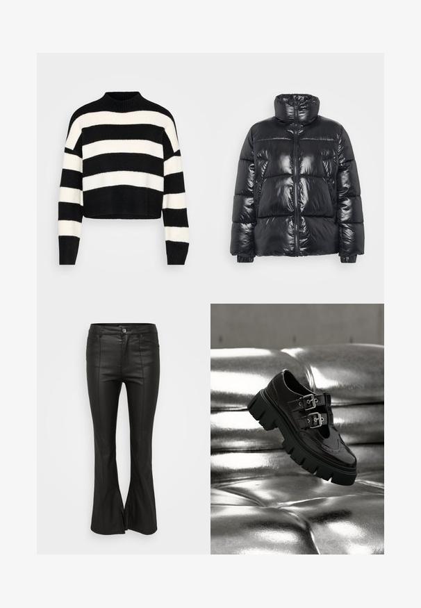 Chaqueta acolchada negra con un acabado brillante, cuello alto, cremallera frontal y puños elásticos. Presenta un diseño acolchado y dos bolsillos frontales.; Suéter recortado de manga larga a rayas horizontales en blanco y negro con un cuello alto acanalado y puños, exhibido sobre un fondo claro.; Pantalones acampanados negros con una textura brillante y similar al cuero, que cuentan con bolsillos delanteros, cierre de botón y aberturas laterales en el dobladillo.; Zapato negro con suela gruesa y doble hebilla plateada flotando sobre una superficie acolchada plateada metálica y brillante.