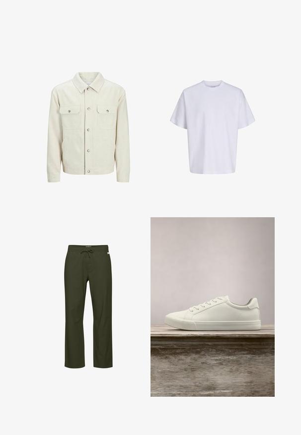 Beige Freizeitjacke aus strukturiertem Stoff. Verfügt über zwei Brusttaschen, Druckknöpfe und ein klassisches Kragen-Design.; Schlichtes weißes oversized T-Shirt mit kurzen Ärmeln, Rundhalsausschnitt und lockerem Sitz vor weißem Hintergrund.; Olivegrüne Hose mit Kordelzugbund, geradem Bein, weicher Stoffstruktur und einem dezenten Logotag vorne.; Weiße Schnürsneaker, die über einer Holzbank mit grünem Laub im Hintergrund schweben und das Schuhdesign sowie die Textur zeigen.