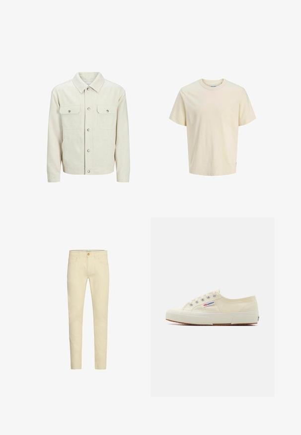 Veste beige à boutons fabriquée en tissu texturé. Elle possède deux poches poitrine à l'avant, des boutons-pression et un col classique.; T-shirt en coton beige clair avec un col rond, des manches courtes et une coupe décontractée. Présente un branding minimal près de l'ourlet. Texture lisse.; Pantalon en coton beige avec une coupe slim, doté d'une taille standard, de deux poches avant et d'une poche arrière simple, terminé par un bouton de fermeture.; Baskets en toile beige au design épuré, œillets en métal et semelle en caoutchouc. Présente un motif texturé et un détail de logo sur le côté.