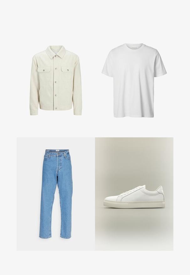 Beige knoopjasje gemaakt van gestructureerde stof. Beschikt over twee voorzakken op de borst, drukknoopsluitingen en een klassiek kraagontwerp.; Eenvoudig wit T-shirt met korte mouwen en ronde hals, losse pasvorm en zonder zichtbare logo's of ontwerpen aan de voorkant.; Lichtblauwe high-waisted recht gesneden jeans met een voorste knoop, ritssluiting, riemlussen en een vijf-pocket ontwerp op een witte achtergrond.; Witte lage sneaker met veters aan de voorkant en dikke zool, zijaanzicht tegen een neutrale achtergrond.