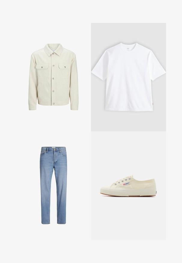Beige button-up jacket made from textured fabric. Features two front chest pockets, snap buttons, and a classic collar design.; White short-sleeve t-shirt made of cotton, featuring a crew neckline and a straight cut. Label visible on the lower side hem.; Light blue denim jeans with a straight cut, standard five-pocket design, and visible stitching. No distinct patterns or accents.; Beige canvas sneaker with a low-profile design, metal eyelets, and rubber sole. Features a textured pattern and logo detail on the side.