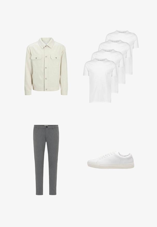 Beige skjortejakke lavet af struktureret stof. Har to brystlommer fortil, trykknapper og et klassisk kravedesign.; Hvide bomulds T-shirts, kortærmede, rund halsudskæring, glat tekstur, stableret i fire stykker med ensartet design uden mønstre eller accenter.; Grå skræddersyede bukser lavet af struktureret stof, med en standard talje med bæltestropper, lynlåsfront og enkelt knappelukning.; Hvide lædersneakers med en glat overflade, rund tå, snørebåndslukning og flad gummisål. Minimalistisk design uden synlige mønstre.