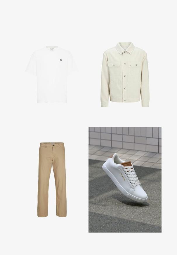 Beige skjortejakke lavet af struktureret stof. Har to brystlommer fortil, trykknapper og et klassisk kravedesign.; Hvid kortærmet t-shirt med rund halsudskæring og et lille gråt geometrisk logo på venstre bryst. Lavet af blødt bomuldsmateriale.; Beige bukser med lige ben, knaplukning, bæltestropper og forlommer, vist mod en hvid baggrund.; Hvide lædersneakers med en glat overflade, tan-akcent på hælen, gyldent logo på siden og en gummisål med tekstureret greb.