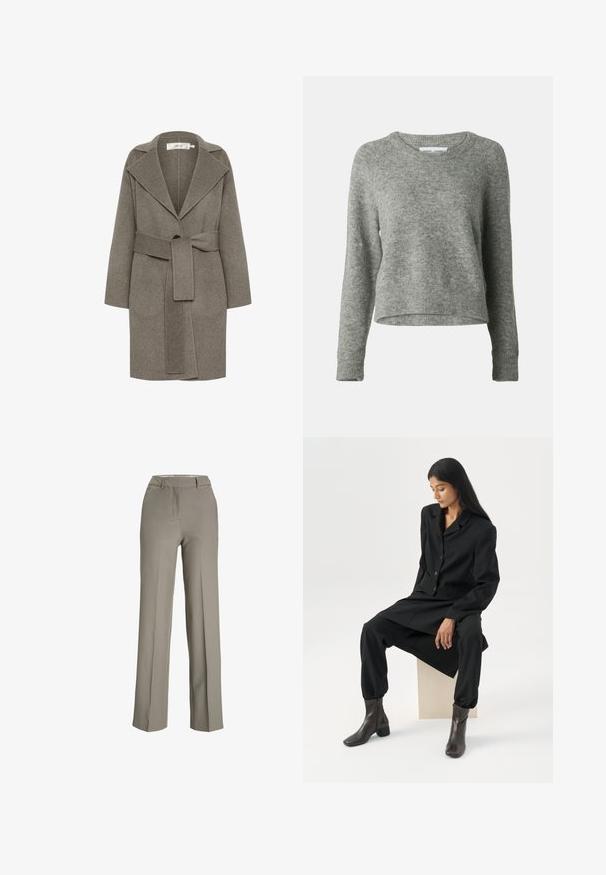 Long manteau enveloppant en laine grise avec larges revers, ceinture nouée à la taille et manches longues, présenté sur fond blanc.; Pull en laine gris avec un col rond, de longues manches raglan et des poignets côtelés. Conception cropped avec une texture douce et des détails minimalistes.; Pantalons gris clair à jambes larges en tissu lisse, avec une taille cintrée, des plis sur le devant et des poches latérales.; Femme aux longs cheveux foncés assise, portant un blazer noir ample, un pantalon large assorti et des bottines foncées, sur un fond blanc uni.