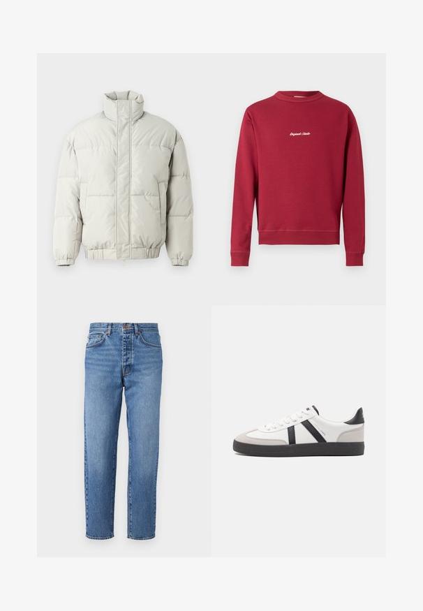 Only & Sons ONSALPHA PUFFER JACKET - Χειμωνιάτικο μπουφάν - mirage gray; Βουργουνδίας φούτερ από μείγμα βαμβακιού με στρογγυλή λαιμόκοψη, ριμπ μανίκια και τελείωμα. Διαθέτει λευκή κεντητή επιγραφή "Original Studio" στο μπροστινό μέρος.; Ανοιχτό μπλε τζιν παντελόνι με ίσια γραμμή, πέντε τσέπες και κουμπωτή ζώνη. Φθαρμένη υφή με ελαφριά φθορά στο μπροστινό μέρος.; Λευκό αθλητικό παπούτσι με μαύρες και γκρί λεπτομέρειες, featuring ένα υφή γκρί καλύμμα δαχτύλου, μαύρη καουτσούκ σόλα και επίπεδες λευκές κορδόνες. Καθαρός σχεδιασμός, μινιμαλιστικό στυλ.