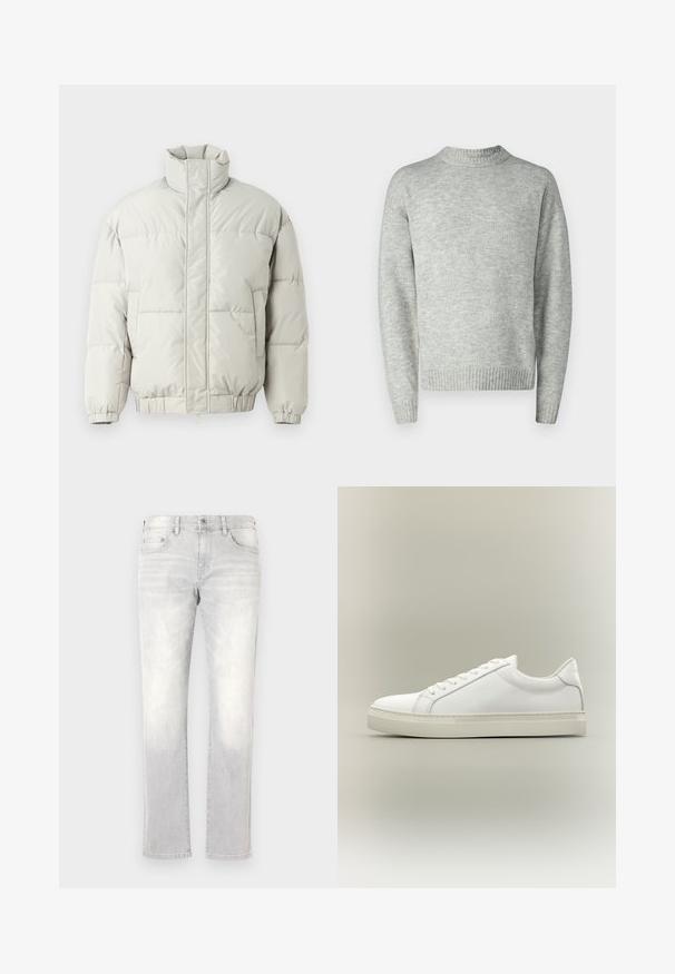 Only & Sons ONSALPHA PUFFER JACKET - Winterjas - mirage gray; Lichtgrijze pullover trui, gebreide textuur, ronde hals, lange mouwen, geribde zoom en manchetten, ontspannen pasvorm, minimalistisch ontwerp.; Lichtgrijze denim jeans met een recht model, subtiele vervaging, achterzakken en een enkele achterzak. Klassieke knoop- en ritssluiting.; Witte lage sneaker met veters aan de voorkant en dikke zool, zijaanzicht tegen een neutrale achtergrond.