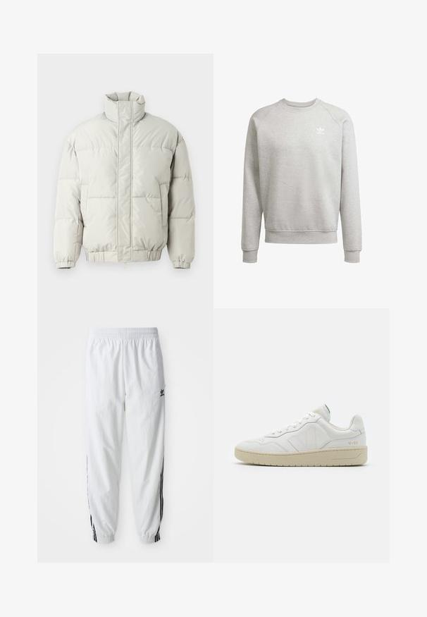 Only & Sons ONSALPHA PUFFER JACKET - Winterjas - mirage gray; Lichtgrijze sweatshirt met een ronde hals, lange raglanmouwen, ribgebreide manchetten en tailleband. Voorzien van een klein wit Adidas-logo op de borst.; Witte sportbroek met zwarte zijstrepen, elastische tailleband en boorden; heeft het Adidas-logo op de linkerdij. Glad stoffen structuur.; Witte leren sneakers met een gestructureerde afwerking en een gevoerde kraag. Voorzien van een beige rubberen zool en subtiele branding op de hiel en zijkant.