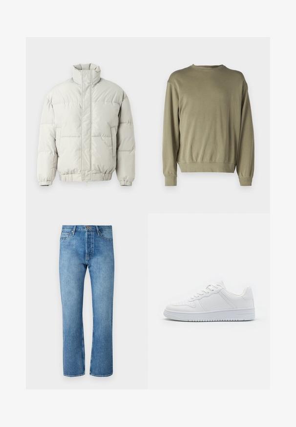 Only & Sons ONSALPHA PUFFER JACKET - Zimná bunda - mirage gray; Olivovo zelená mikina s dlhým rukávom vyrobená z mäkkej zmesi bavlny. Má okrúhly výstrih a rebrované manžety s voľným strihom.; Svetlomodré riflové nohavice s rovnými nohavicami, ktoré majú klasický dizajn s piatimi vreckami, zapínanie na gombík a kontrastné prešívanie.; Biele tenisky vyrobené z hladkého syntetického materiálu, s plochými šnúrkami, perforovanou špičkou a gumovou podrážkou s textúrovaným protišmykovým vzorom.