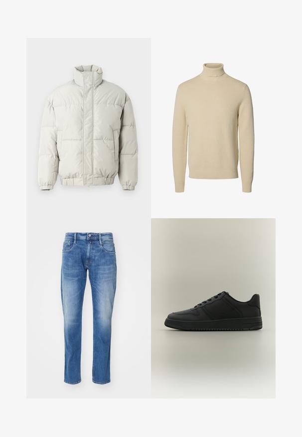 Only & Sons ONSALPHA PUFFER JACKET - Winterjas - mirage gray; Beige gebreide coltrui met lange mouwen en geribde boordjes en zoom, getoond op een effen witte achtergrond.; Lichtblauwe denim jeans met een rechte pasvorm, vijf-pocket ontwerp, subtiele vervaging en een standaard tailleband met knoopsluiting.; Zwarte lage sneaker met getextureerde panelen, vetersluiting en dikke zool op een neutrale grijze achtergrond.