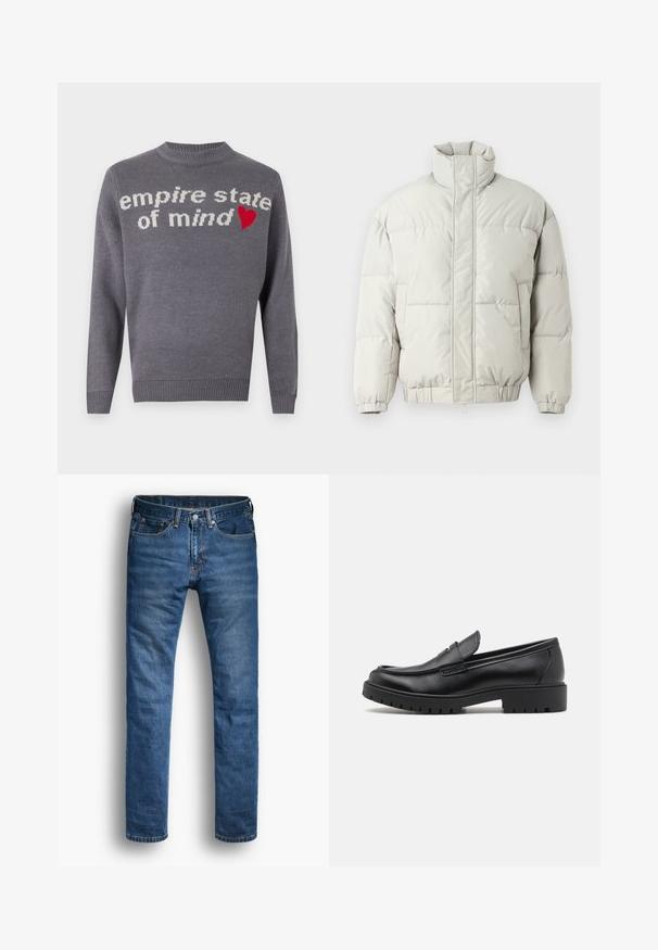 Only & Sons ONSALPHA PUFFER JACKET - Veste d'hiver - mirage gray; Pull en tricot gris avec l'inscription "empire state of mind" en blanc et un accent en forme de cœur rouge. Col rond et ourlet et poignets côtelés.; Jean en denim bleu avec une coupe droite. Comprend cinq poches, une fermeture par bouton, et des coutures orange contrastées sur les coutures.; Mocassins en cuir noir avec un bout arrondi, un design à enfiler et une semelle en caoutchouc épaisse avec une texture antidérapante. Talon surélevé et détails de surpiqûre subtils.