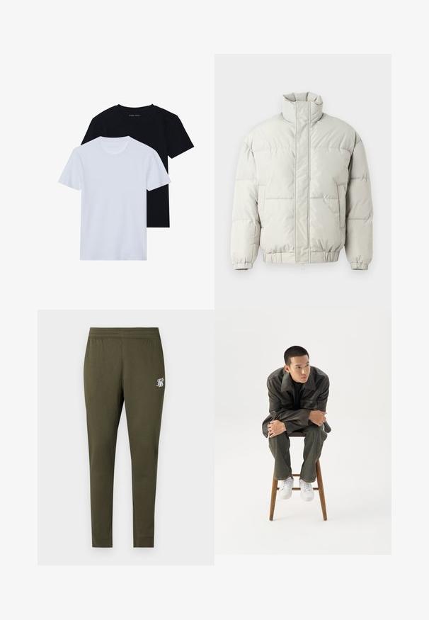 Only & Sons ONSALPHA PUFFER JACKET - Zimná bunda - mirage gray; Dve krátke rukávy tričká s okrúhlym výstrihom, jedno čierne a jedno biele, vyrobené z jemnej bavlny s rebrovanou textúrou. Klasický strih.; Olivovozelené tepláky s priliehavým strihom, elastickým pásom a malým bielym logom na hornej ľavej nohe. Mäkká textúra látky.; Mladý muž v tmavej koženej bunde a džínsach sedí na drevenej stoličke, nakláňa sa dopredu so založenými rukami a pozerá sa do strany na bielom pozadí.