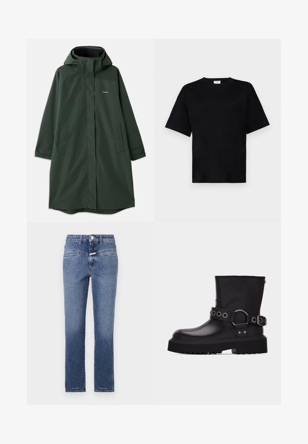 Donkergroen waterdichte jas met een capuchon, voorzien van een rits aan de voorkant, zijzakken en een relaxte pasvorm. Zachte textuur, minimale branding.; Zwart shirt met korte mouwen in een relaxte pasvorm, gemaakt van zachte stof, met een ronde halslijn en zonder opvallende patronen of accenten.; Denim jeans in een middelblauwe wassing, met rechte pijpen, voorzien van een middelhoge tailleband, vijf zakken en subtiele stikdetails.; Zwarte leren laars tot halverwege de kuit met dikke profielzool, decoratieve riem met zilverkleurige metalen oogjes en gesp aan de zijkant.