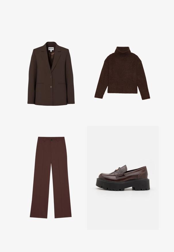 Brun skræddersyet blazer med to knapper, notch-revers og forlommer, vist på en ensfarvet hvid baggrund.; Brun ribbet turtleneck sweater med lange ærmer og cropped silhuet, med et tykkere, struktureret strikdesign.; Vide benbukser i en rig brun stof. Har en knaplukning, to forlommer, glat tekstur og rene linjer.; Madden Girl CALISTA - Loafers - brown