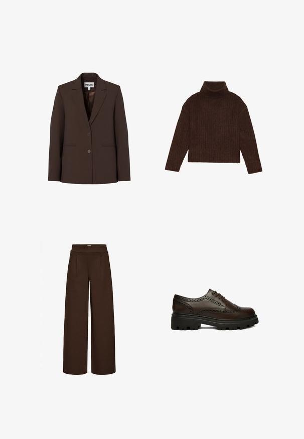 Brun skræddersyet blazer med to knapper, notch-revers og forlommer, vist på en ensfarvet hvid baggrund.; Brun ribbet turtleneck sweater med lange ærmer og cropped silhuet, med et tykkere, struktureret strikdesign.; Brune vide bukser lavet af glat stof, med en høj talje og to frontfolder, designet til en løs pasform.; Mørkebrun læder brogue sko med perforerede detaljer og tyk sort rillesål, set fra siden på hvid baggrund.