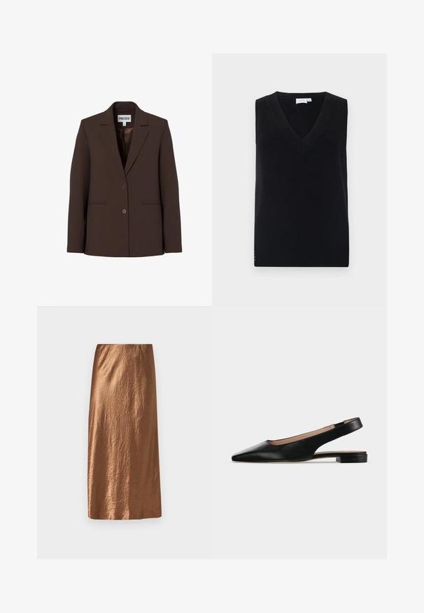 Bruine op maat gemaakte blazer met twee knopen, notch-reverskraag en voorste paspelzakken, getoond op een effen witte achtergrond.; Zwarte mouwloze gebreide trui met een diepe V-hals, voorzien van een geribbelde textuur en subtiele zijaccenten. Klassiek ontwerp met een rechte snit.; Bruine midi-rok gemaakt van gestructureerde, glanzende stof met een soepel tailleband. Heeft een rechte snit met een subtiele kreukafwerking.; Zwarte leren slingback platte schoen met spitse neus en lage vierkante hak op een witte achtergrond.