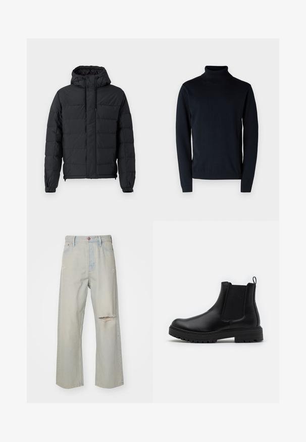 Schwarze gepolsterte Jacke mit Kapuze, elastischen Bündchen, Reißverschlusstaschen und einem gesteppten Design mit einer glatten äußeren Textur.; Dunkelblaues Rollkragenpullover aus weichem, dehnbarem Stoff. Mit langen Ärmeln sowie gerippten Bündchen und Saum. Schlichtes, sauberes Design.; Helle blaue Denim-Jeans mit lockerer Passform, die an der Vorderseite fransige Risse aufweisen, einen Knopfverschluss haben und insgesamt eine ausgewaschene Optik besitzen.; Zign LEATHER - Stiefelette - black