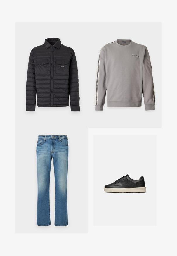 Veste matelassée noire avec fermeture complète à boutons sur le devant, deux poches poitrine à rabat et col, avec petit logo blanc Armani Exchange sur la poche droite.; Sweat-shirt gris à manches longues avec logo EA7 Emporio Armani sur la poitrine et bande logo répétée le long des manches.; Pantalon en denim bleu, design à jambe droite avec un délavage, présentant un style classique à cinq poches et des accents en métal.; Baskets basses en cuir noir avec des lacets noirs et une semelle en caoutchouc épaisse de couleur crème, présentées sur un fond blanc.