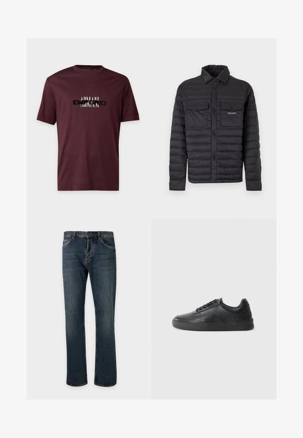 Veste matelassée noire avec fermeture complète à boutons sur le devant, deux poches poitrine à rabat et col, avec petit logo blanc Armani Exchange sur la poche droite.; T-shirt bordeaux à manches courtes et col rond, avec un texte de logo "Armani" superposé en blanc et noir sur la poitrine.; Jean denim bleu foncé coupe droite avec bouton et fermeture éclair à l'avant, passants de ceinture et poches avant visibles sur un fond clair uni.; Chaussure de sport en cuir noir avec une finition lisse, bout arrondi, panneau latéral texturé et lacets noirs. Présente une semelle en caoutchouc plate et un design minimaliste.