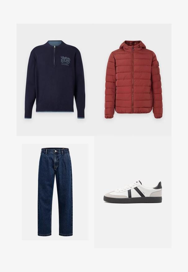Rød pufferjakke med hætte, der har vandret quiltet design, frontlynlås, elastiske manchetter og kant. Glat overflade.; Marineblå langærmet sweater med kvart lynlås, ribbede manchetter og kant, samt lyseblå "Replay Blue Jeans" logo på venstre bryst.; Mørkeblå denimjeans med lige ben-design. Har synlige syninger, en knaplukning og frontfoldninger for ekstra detalje.; Hvide sneakers med sorte og grå detaljer, med en tekstureret grå tåhætte, sort gummisål og flade hvide snørebånd. Rent design, minimalistisk stil.