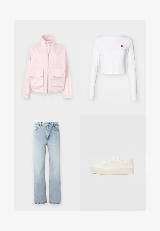 Lichtroze jas met ritssluiting, hoge kraag, twee grote klepzakken aan de voorkant, elastische manchetten en verstelbare trekkoorden in de zoom.; Witte cropped longsleeve top van zachte stof, met een kleine rozenborduring in het roze op de linkerborst. Eenvoudig ontwerp, zonder patronen.; Lichtblauwe spijkerbroek met hoge taille, wijde pijpen en subtiele vervaging. Heeft een klassiek vijf-pocketontwerp en een metalen knoopsluiting.; Witte sneakers met een gladde leren uitstraling, drie klittenbandsluitingen, ronde neus en een gestructureerde rubberen zool. Achteraccent in beige.