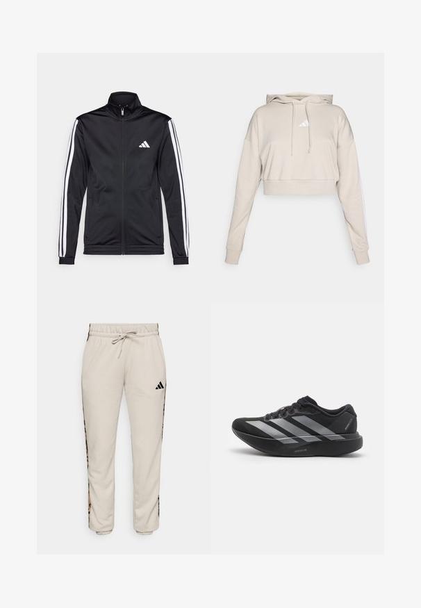 Sort atletisk jakke med høj krave, for-zip og hvide accentstriber langs armene. Har et broderet hvidt logo på brystet.; Lys beige cropped sweatshirt med hætte, med et hvidt trekantet logo og hvide side striber. Lavet af blødt, tekstureret stof.; Lys beige sweatpants lavet af blødt stof, med en snøre i taljen og sorte sideløbere med et leopardmønster.; Sort løbesko med sølvstriber, tyk polstret sål mærket "Lightstrike Pro," set fra siden på hvid baggrund.