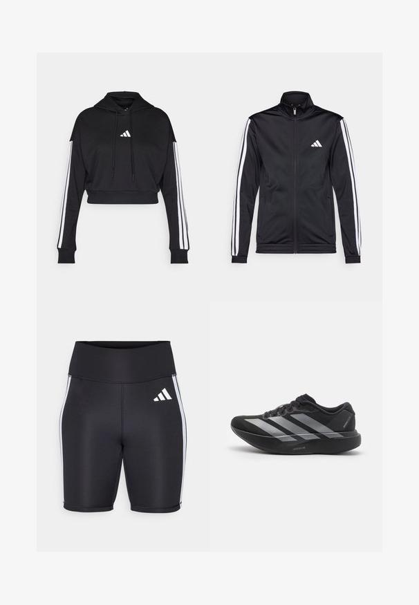 Schwarze Sportjacke mit hohem Kragen, Frontreißverschluss und weißen Akzentstreifen an den Armen. Besitzt ein gesticktes weißes Logo auf der Brust.; Schwarzer, kurz geschnittener Hoodie mit einer vorderen Kängurutasche, verstellbaren Kordelzügen und weißen Drei-Streifen-Akzenten an den Ärmeln. Mit Logo.; Schwarze Sportshorts mit hohem Bund, weißen seitlichen Streifen und einem kleinen weißen Logo. Glatter Stoff mit einer figurbetonten Passform.; Schwarzer Laufschuh mit silbernen Streifen, dicke gepolsterte Sohle beschriftet "Lightstrike Pro", Seitenansicht auf weißem Hintergrund.
