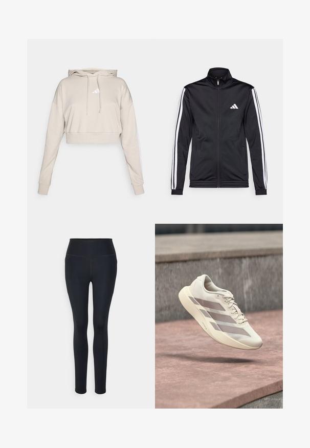 Schwarze Sportjacke mit hohem Kragen, Frontreißverschluss und weißen Akzentstreifen an den Armen. Besitzt ein gesticktes weißes Logo auf der Brust.; Hellbeige, kurz geschnittenes Sweatshirt mit Kapuze, das ein weißes, dreieckiges Logo und weiße Seitenstreifen aufweist. Hergestellt aus weichem, strukturiertem Stoff.; Schwarze, langärmlige Leggings aus dehnbarem Stoff mit hohem Bund, versehen mit flachen Nähten und ohne auffällige Muster oder Verzierungen.; Cremefarbener Laufschuh mit taupefarbenen Streifen, der über einer rötlich-braunen gefliesten Oberfläche und einem grauen Stein-Hintergrund schwebt.