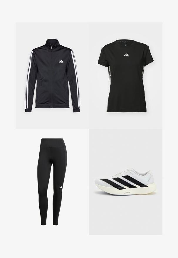Veste de sport noire avec un col montant, fermeture éclair sur le devant et rayures blanches sur les bras. Elle présente un logo brodé blanc sur la poitrine.; T-shirt de sport noir à manches courtes, fabriqué en matériau synthétique. Présente un petit logo blanc sur la poitrine et des rayures blanches sur les côtés.; Leggings de sport noirs avec une taille haute, fabriqués en tissu extensible ; dotés d'une poche latérale et d'un petit logo blanc près de l'ourlet.; Chaussure de running blanche avec motif trois bandes noires sur le côté et semelle blanche épaisse étiquetée "Lightstrike Pro" sur fond uni.
