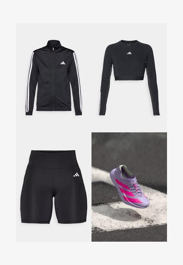 Sort atletisk jakke med høj krave, for-zip og hvide accentstriber langs armene. Har et broderet hvidt logo på brystet.; Sort cropped træningstop med lange ærmer lavet af glat stof. Har et hvidt logo på brystet og stribede detaljer på ærmerne.; Sorte atletiske shorts lavet af strækbart stof, med en høj talje, en glat tekstur og et hvidt tre-stribe logo på siden.; Lys lilla løbesko med pink striber og detaljer, der har et slankt design, tekstureret overdel og polstret krave. Flyder over en overflade.