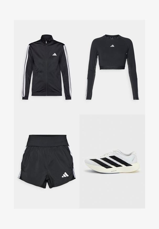 Sort atletisk jakke med høj krave, for-zip og hvide accentstriber langs armene. Har et broderet hvidt logo på brystet.; Sort cropped træningstop med lange ærmer lavet af glat stof. Har et hvidt logo på brystet og stribede detaljer på ærmerne.; Sorte atletiske shorts lavet af letvægtsmateriale, med en bred talje, hvide sidelister og et lille hvidt logo nederst på sømmen.; Hvid løbesko med sort tre-stribet design på siden og tyk hvid sål mærket "Lightstrike Pro" på ensfarvet baggrund.