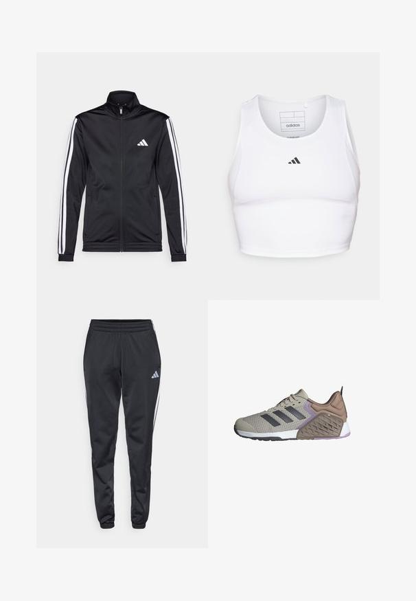 Zwarte sportjack met een hoge kraag, voorrits en witte accentstrepen langs de armen. Bevat een geborduurd wit logo op de borst.; Witte sportieve crop top gemaakt van lichte, ademende stof. Beschikt over mesh zijkanten en een zwart geborduurd logo op de borst.; Zwarte sportieve broek met een elastische tailleband, taps toelopende benen en witte zijkanten. Voorzien van een klein grijs trefoil-logo op de linker bovenbeen.; Beige sportieve schoen met grijze accenten, textuur-mesh bovenwerk, gevoerd randje en een dual-density zool met een gestructureerd ontwerp en paarse details.