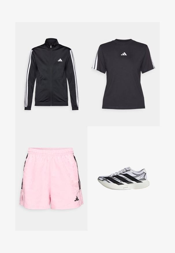 Sort atletisk jakke med høj krave, for-zip og hvide accentstriber langs armene. Har et broderet hvidt logo på brystet.; Sort atletisk T-shirt lavet af blødt stof, med rund halsudskæring, korte ærmer og tre hvide striber på hver skulder. Hvidt logo på brystet.; adidas Sportswear TIRO - Korte sportsbukser - true pink/black; Hvid og sølvfarvet løbesko med sorte striber, hvide snørebånd og tyk hvid sål mærket "Lightstrike Pro."