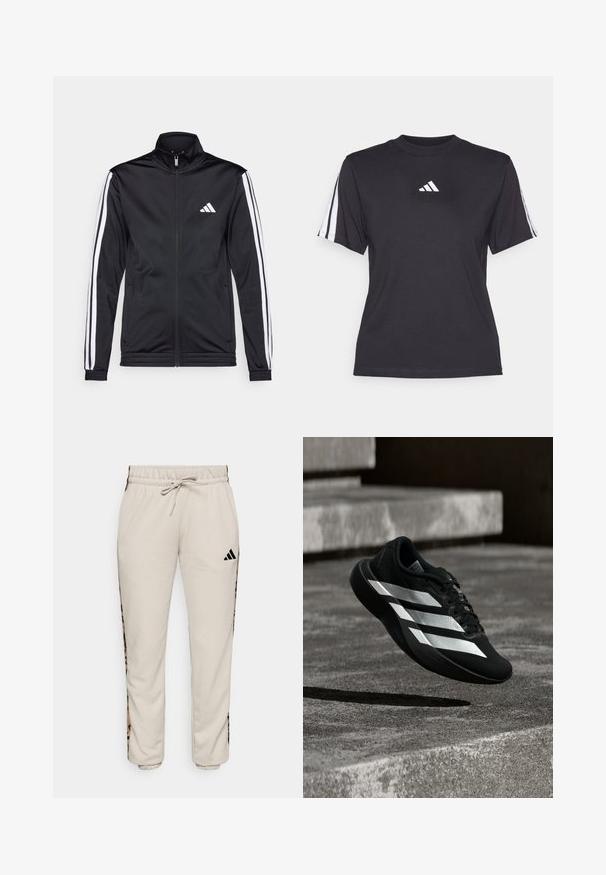 Sort atletisk jakke med høj krave, for-zip og hvide accentstriber langs armene. Har et broderet hvidt logo på brystet.; Sort atletisk T-shirt lavet af blødt stof, med rund halsudskæring, korte ærmer og tre hvide striber på hver skulder. Hvidt logo på brystet.; Lys beige sweatpants lavet af blødt stof, med en snøre i taljen og sorte sideløbere med et leopardmønster.; Sort løbesko med tre hvide striber, der svæver over betontrin og kaster en skygge nedenunder.
