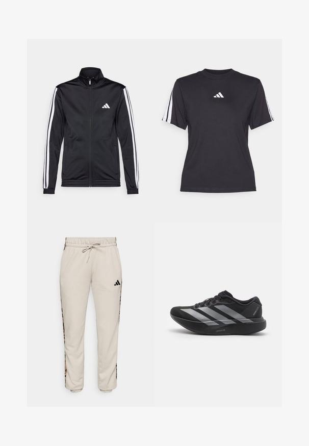 Zwarte sportjack met een hoge kraag, voorrits en witte accentstrepen langs de armen. Bevat een geborduurd wit logo op de borst.; Zwarte sport T-shirt van zacht materiaal, met een ronde hals, korte mouwen en drie witte strepen op elke schouder. Witte logo op de borst.; Lichtbeige sweatpants van zacht materiaal, met een trekkoord in de taille en zwarte zijpanelen met een luipaardpatroon.; Zwarte hardloopschoen met zilveren strepen, dikke gedempte zool met het label "Lightstrike Pro," zijaanzicht op witte achtergrond.