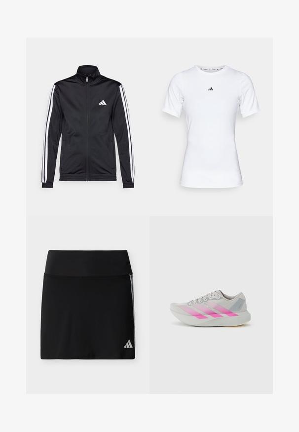 Zwarte sportjack met een hoge kraag, voorrits en witte accentstrepen langs de armen. Bevat een geborduurd wit logo op de borst.; Witte sportshirt met korte mouwen, gemaakt van zachte, rekbare stof. Voorzien van een klein zwart Adidas-logo op de borst.; Zwarte sportieve rok met brede tailleband, subtiele zijstrepen en een klein Adidas-logo op de onderste rechterzoom.; Lichtgrijze hardloopschoen met roze verloopstrepen, afgeronde neus, gestructureerd bovenwerk en platte zool met subtiele accenten en logodetails.
