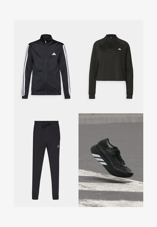 Zwarte sportjack met een hoge kraag, voorrits en witte accentstrepen langs de armen. Bevat een geborduurd wit logo op de borst.; Zwarte quarter-zip pullover van gladde stof met lange mouwen, voorzien van een hoge kraag en een wit logo op de linkerborst.; Zwarte sportbroek van zacht materiaal, met een tailleband met trekkoord, taps toelopende benen en een klein wit Adidas-logo op de linkerdij.; Zwarte hardloopschoen met witte strepen op de zool, zwevend boven asfalt met witte wegmarkeringen, waarbij kleine stukjes omhoog worden gestoten.