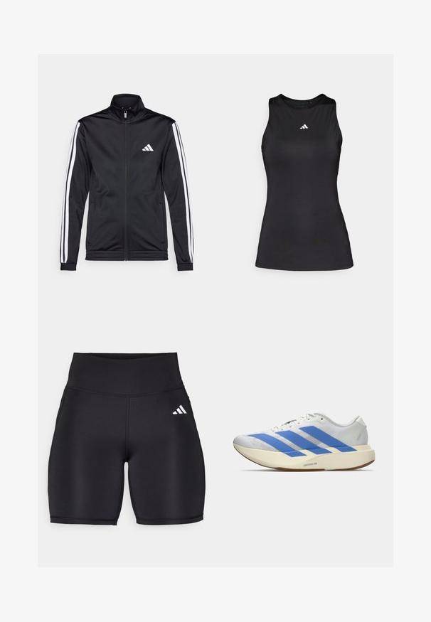 Zwarte sportjack met een hoge kraag, voorrits en witte accentstrepen langs de armen. Bevat een geborduurd wit logo op de borst.; Zwart mouwloos sporttop gemaakt van gladde stof. Heeft een ronde halslijn en een klein wit Adidas-logo op de borst.; Zwarte sportshorts van rekbaar materiaal, met een hoge tailleband, een gladde textuur en een wit logo met drie strepen aan de zijkant.; Witte hardloopschoen met drie blauwe strepen, lichtbeige dikke zool met label "Lightstrike Pro," en witte veters op een effen achtergrond.