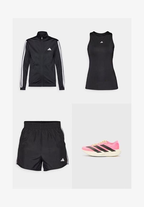Schwarze Sportjacke mit hohem Kragen, Frontreißverschluss und weißen Akzentstreifen an den Armen. Besitzt ein gesticktes weißes Logo auf der Brust.; Schwarzes ärmelloses Sportoberteil aus glattem Stoff. Verfügt über einen runden Halsauschnitt und ein kleines weißes Adidas-Logo auf der Brust.; Schwarze Sportshorts mit elastischem Bund, seitlichen Schlitzen und weißen drei Streifen Akzenten. Enthält ein kleines weißes Logo auf der unteren rechten Seite.; adidas Performance ADIZERO EVO SL W - Sneaker low - lucid pink/core black/white