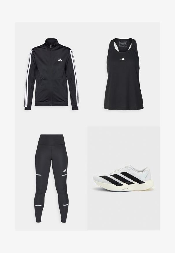 Sort atletisk jakke med høj krave, for-zip og hvide accentstriber langs armene. Har et broderet hvidt logo på brystet.; Sort ærmeløs atletisk tanktop med rund halsudskæring og hvidt logo på brystet. Fremstillet af et glat, let materiale.; Sorte leggings med høj talje, lavet af glat materiale. Har hvide reflekterende striber nær knæene og et Adidas-logo.; Hvid løbesko med sort tre-stribet design på siden og tyk hvid sål mærket "Lightstrike Pro" på ensfarvet baggrund.