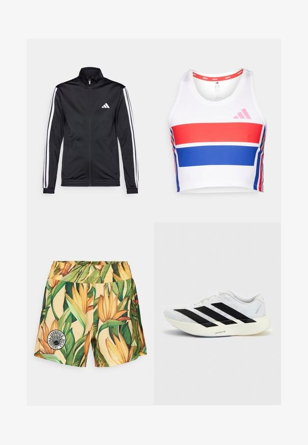 Sort atletisk jakke med høj krave, for-zip og hvide accentstriber langs armene. Har et broderet hvidt logo på brystet.; Kavet atletisk tanktop i hvid med røde og blå vandrette striber. Har pink adidas-logo, rund halsudskæring og glat stoftekstur.; Shorts med en gul bund, prydet med et levende tropisk blomsterprint i grønne og orange farver. Elastisk talje med en cirkulær logointensiv.; Hvid løbesko med sort tre-stribet design på siden og tyk hvid sål mærket "Lightstrike Pro" på ensfarvet baggrund.