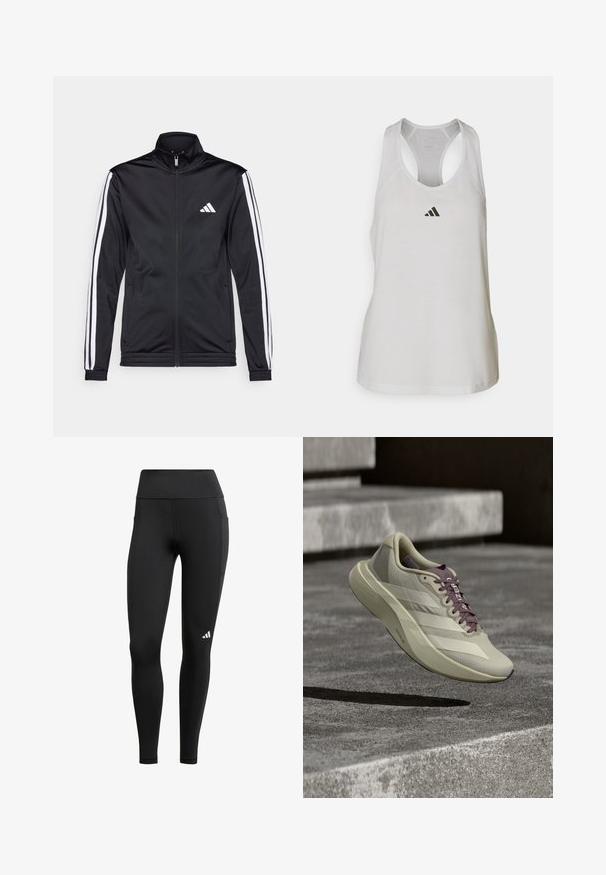 Veste de sport noire avec un col montant, fermeture éclair sur le devant et rayures blanches sur les bras. Elle présente un logo brodé blanc sur la poitrine.; Débardeur de sport blanc en tissu léger avec un dos nageur et un petit logo noir sur la poitrine.; Leggings de sport noirs avec une taille haute, fabriqués en tissu extensible ; dotés d'une poche latérale et d'un petit logo blanc près de l'ourlet.; Chaussure de sport beige avec dessus en mesh texturé, bandes blanches et accents violets. Design léger et bout arrondi pour des performances améliorées.