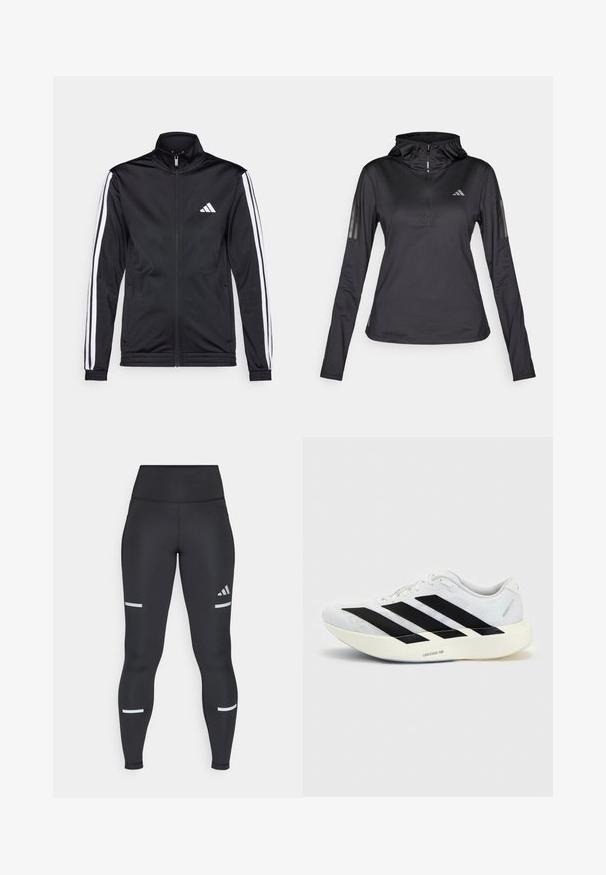 Sort atletisk jakke med høj krave, for-zip og hvide accentstriber langs armene. Har et broderet hvidt logo på brystet.; Sort langærmet sports hoodie med kvart lynlås, struktureret stof, justerbar hætte og reflekterende striber på ærmerne. Har logo på brystet.; Sorte leggings med høj talje, lavet af glat materiale. Har hvide reflekterende striber nær knæene og et Adidas-logo.; Hvid løbesko med sort tre-stribet design på siden og tyk hvid sål mærket "Lightstrike Pro" på ensfarvet baggrund.